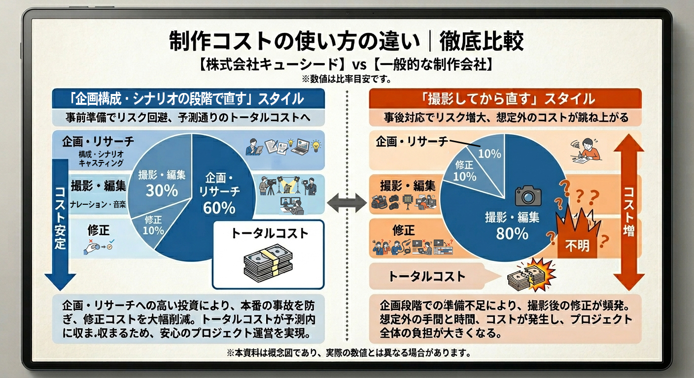 制作コストの使い方の違い
株式会社キューシード・・・
企画構成シナリオの段階で直す
一般的な制作会社・・・
撮影してから直す
違いを徹底比較